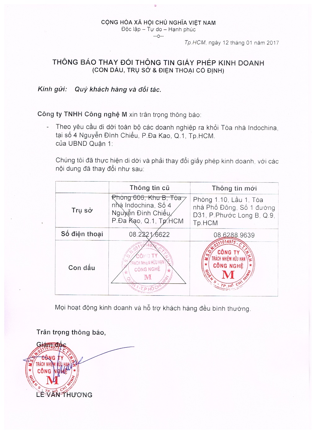 Thông báo về việc đổi trụ sở, con dấu và số điện thoại