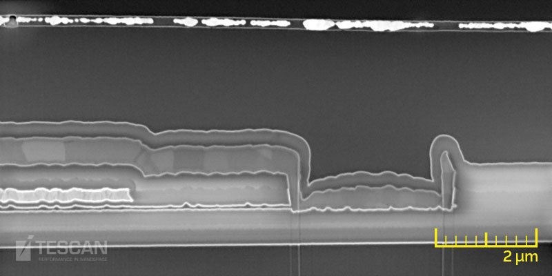 OLED display layer inspection: an underfilled layer at the top OLED display layer inspection: an underfilled layer at the top (chụp bằng Kính hiển vi điện tử quét SEM và FIB-SEM TESCAN)