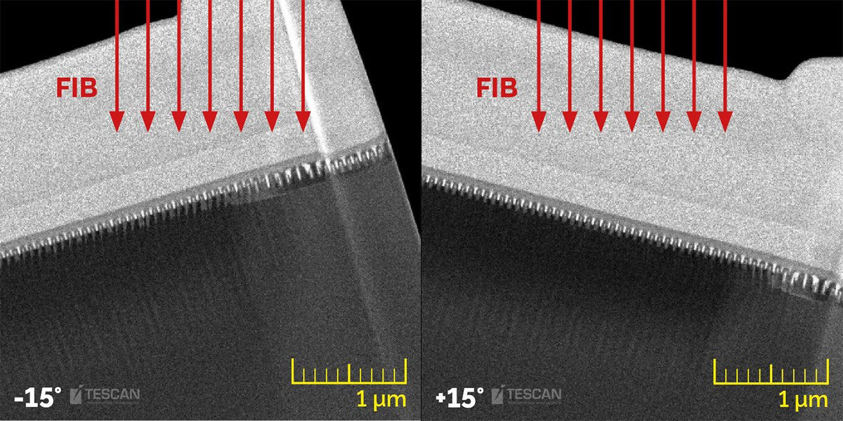 14 nm technology node Intel processor. Rocking Stage helps to mitigate curtaining on the TEM lamella by consecutive tilts of the sample to +/- 15° during lamella thinning 14 nm technology node Intel processor. Rocking Stage helps to mitigate curtaining on the TEM lamella by consecutive tilts of the sample to +/- 15° during lamella thinning