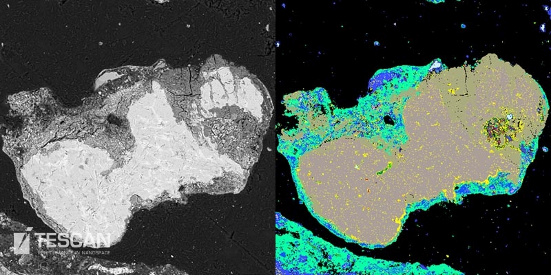 BSE image and a TIMA phase map of metallic grain rimmed by an oxide layer BSE image and a TIMA phase map of metallic grain rimmed by an oxide layer