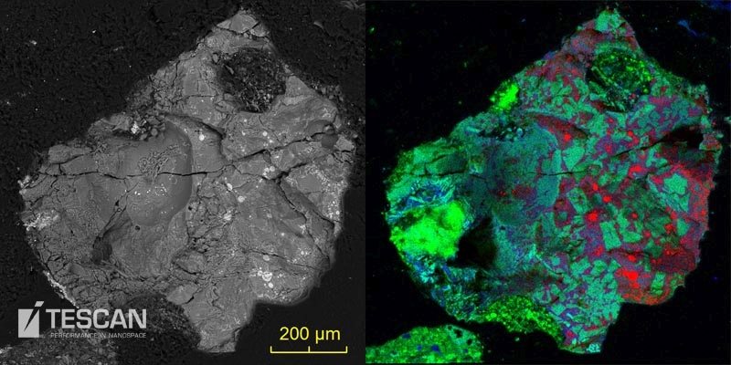 Copper rich glass particle imaged by a BSE detector and characterized by EDS Copper rich glass particle imaged by a BSE detector and characterized by EDS