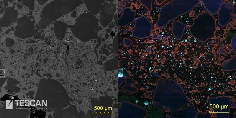 Cathodoluminiscence and BSE image of a quartz sandstone with a goethite matrix Cathodoluminiscence and BSE image of a quartz sandstone with a goethite matrix